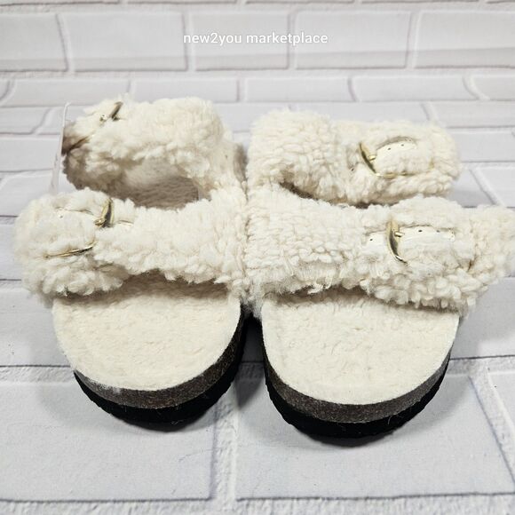 New Womens Auden Faux Fur Tan Open Toe Slippers Size 8 Color cream warm sandal - Picture 2 of 10